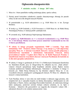Ogłoszenia Duszpasterskie V Niedziela Zwykła 05. lutego 2017r.
