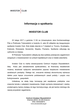 Informacja o spotkaniu INVESTOR CLUB