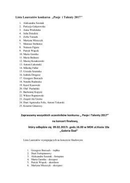 Lista Laureatów konkursu ,,Pasje i Talenty 2017`` Zapraszamy