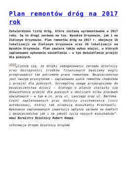 Plan remont&oacute;w dr&oacute;g na 2017 rok