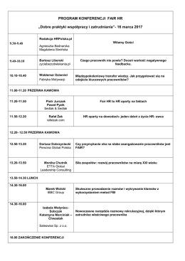 PROGRAM KONFERENCJI FAIR HR „Dobre praktyki współpracy i