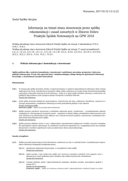 Informacja na temat stanu stosowania przez spółkę rekomendacji i