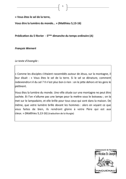 &laquo; Vous &ecirc;tes le sel de la terre, Vous &ecirc;tre la lumi&egrave;re du