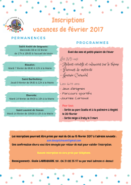 Inscriptions vacances de f&eacute;vrier 2017