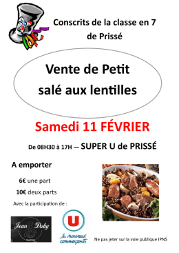 Vente de Petit salé aux lentilles Samedi 11 FÉVRIER