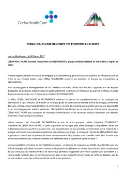 CERBA HEALTHCARE RENFORCE SES POSITIONS EN EUROPE