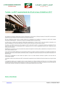 Tunisie : La BCT augmenterait de 25 pb le taux d`intérêt en