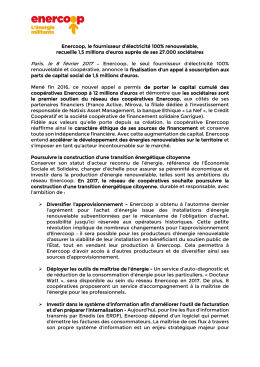 Enercoop annonce la finalisation d`un appel à souscription aux parts