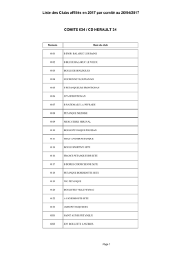 Liste des Clubs affili&eacute;s en 2017 par comit&eacute; au 06/02/2017