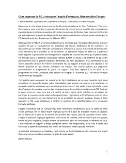 Oser repenser le PQ : retrouver l`esprit d`aventure, faire