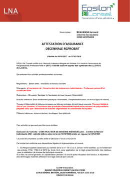 Assurance D&eacute;cennale n&deg;2017L1130159 souscrit aupr&egrave;s de LLOYD`S