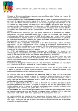 D&Eacute;CLARATION DE LA FSU AU CTSD du 07 F&eacute;vrier 2017