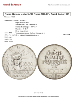 France, Statue de la Libert&eacute;, 100 Francs, 1986, SPL, Argent