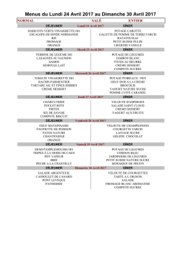 Menus du Lundi 6 Février 2017 au Dimanche 12 Février 2017