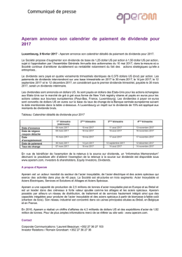 Aperam annonce son calendrier de paiement de dividende pour 2017