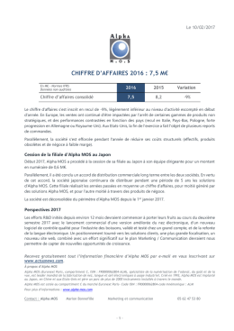 CHIFFRE D`AFFAIRES 2016 : 7,5 M&euro;