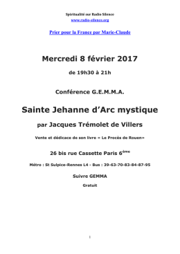 Mercredi 8 février 2017 de 19h30 à 21h Conférence