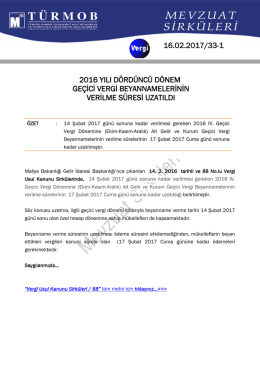 2016 Yılı Dördüncü Dönem Geçici Vergi Beyannamelerinin Verilme