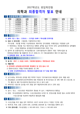 2017학년도 편입학전형 의학과 최종합격자 발표 안내