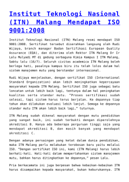 Institut Teknologi Nasional (ITN) Malang Mendapat ISO 9001:2008