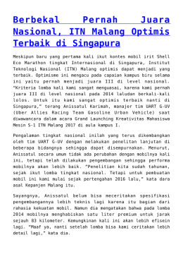 Berbekal Pernah Juara Nasional, ITN Malang Optimis Terbaik di