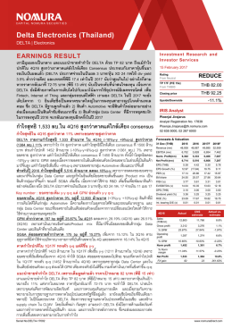 Delta Electronics (Thailand) กําไรสุทธิ1,533 ลบ.ใน 4Q16 สูงกว่าคาดแต่ใ