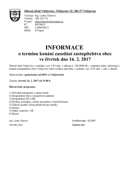 Informace o místě, datu a programu zasedání ZO, 16.2.2017 od