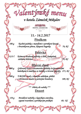 Valentýnské menu - Hotel Zámeček Mikulov