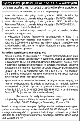 ogłasza przetarg na sprzedaż przedsiębiorstwa upadłego