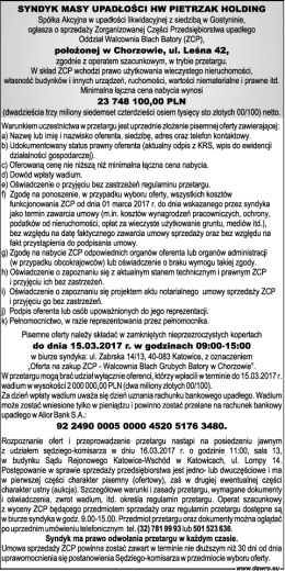 Syndyk masy upadłości HW PIETRZAK HOLDING Sp&oacute;łka Akcyjna w