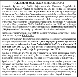 OGŁOSZENIE O LICYTACJI NIERUCHOMOŚCI Komornik Sądowy