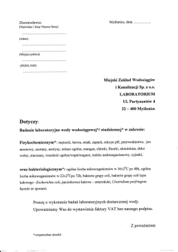 Wniosek na zlecenie badania labolatoryjnego wody w zakresie