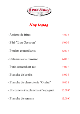 Carte des tapas - Mon entreprise sur le web