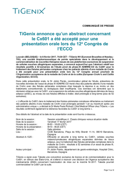 TiGenix annonce qu`un abstract concernant le Cx601 a été accepté