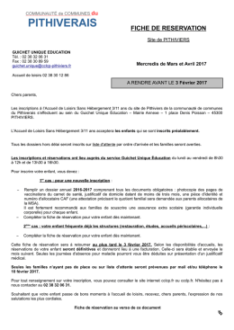 Fiche r&eacute;servations Mercredis Mars et Avril 2017