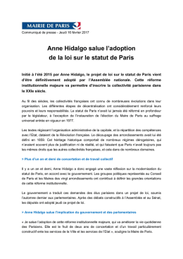 Anne Hidalgo salue l`adoption de la loi sur le statut de Paris