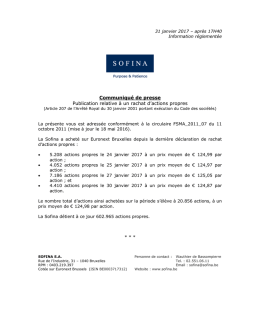 Sofina SA-Communiqué rachat d`actions propres-31.01.17-FR