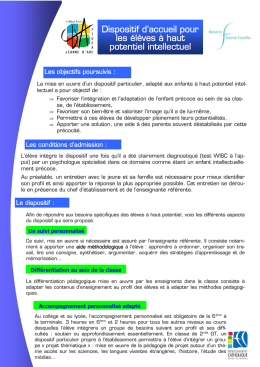 Dispositif d`accueil pour les &eacute;l&egrave;ves &agrave; haut potentiel intellectuel