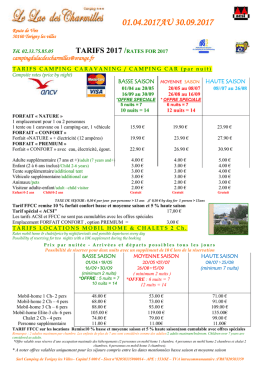 Tarifs 2017 Location - Camping &laquo; Lac des Charmilles