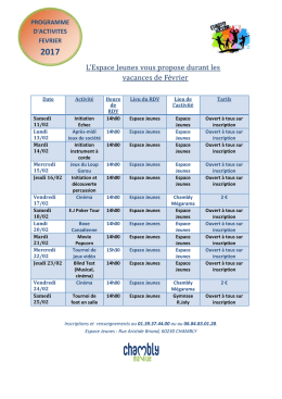 Programme Espace Jeunes : F&eacute;vrier 2017 (pdf