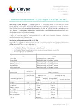 Notification de transparence de TOLEFI SA (Article 14 de la
