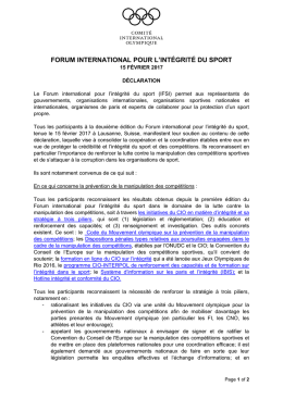 FORUM INTERNATIONAL POUR L`INTÉGRITÉ DU SPORT