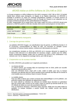 ARCHOS r&eacute;alise un chiffre d`affaires de 154,4 M&euro; en 2016