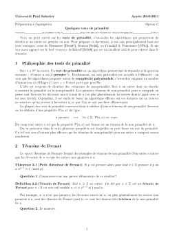 1 Philosophie des tests de primalité 2 Témoins de Fermat