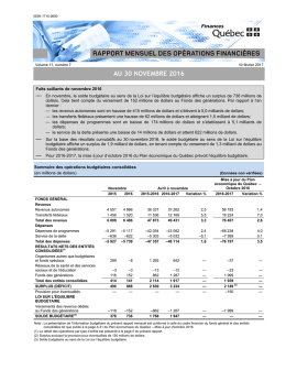 Rapport mensuel des opérations financières au 30 novembre 2016