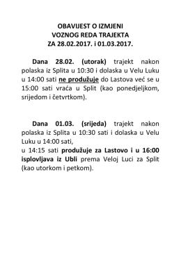 Vozni red trajekta – izmjena za 28.02.2017. i 01.03.2017.