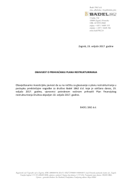 Badel 1862 d.d. - Obavijest o prihvaćanju plana restrukturiranja