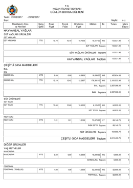 GÜNLÜK BORSA BÜLTENİ HAYVANSAL YAĞLAR Toplam