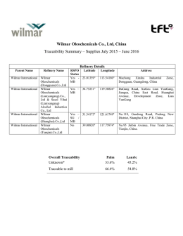 Wilmar Oleochemicals Co., Ltd, China Traceability Summary