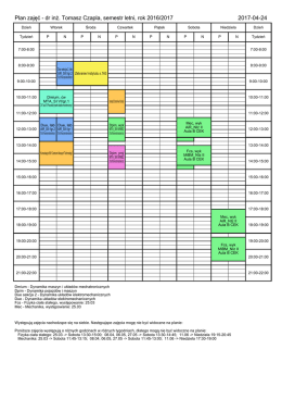 Plan zajęć - dr in . Tomasz Czapla, semestr letni, rok 2016/2017